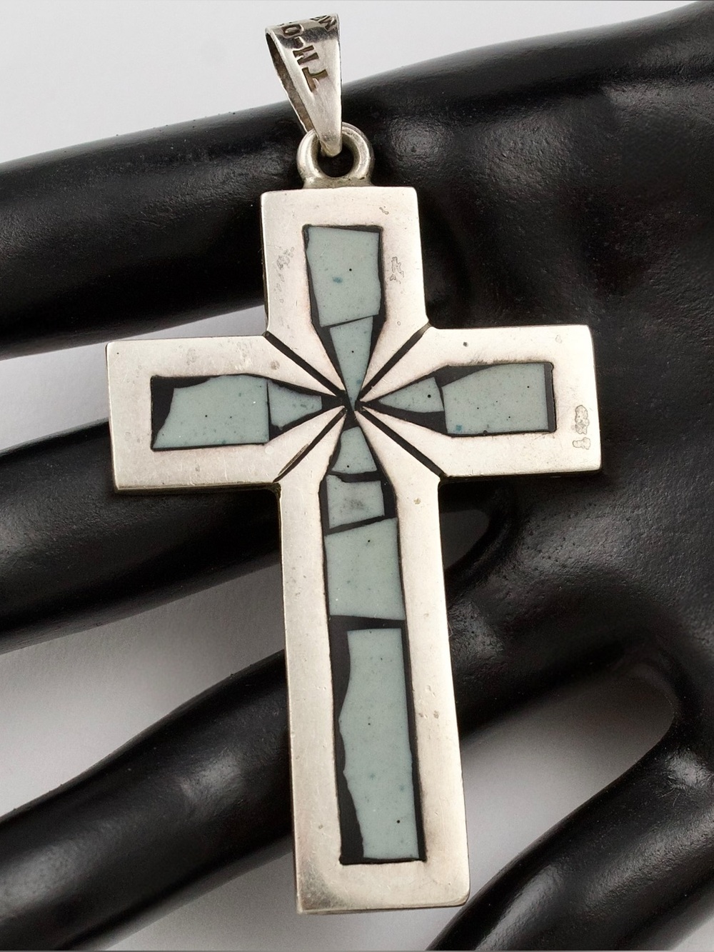 Vintage Taxco Large Cross Necklace Pendant, Sterling Silver with Mosaic Inlay